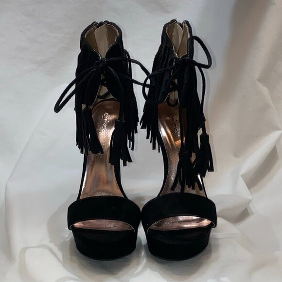Size 5.5 Qupid Black Suede Stiletto With Fringe Cuff - Picture 3 of 16